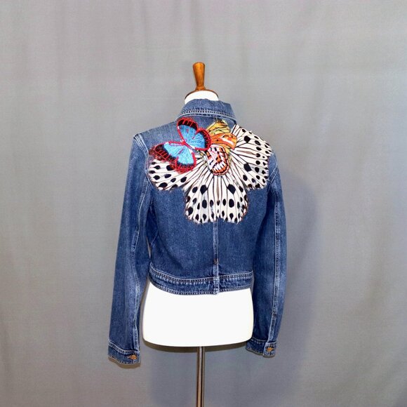 Roberto Cavalli Size IT 46 Butterfly Denim Jean Jacket Vintage - Picture 12 of 15